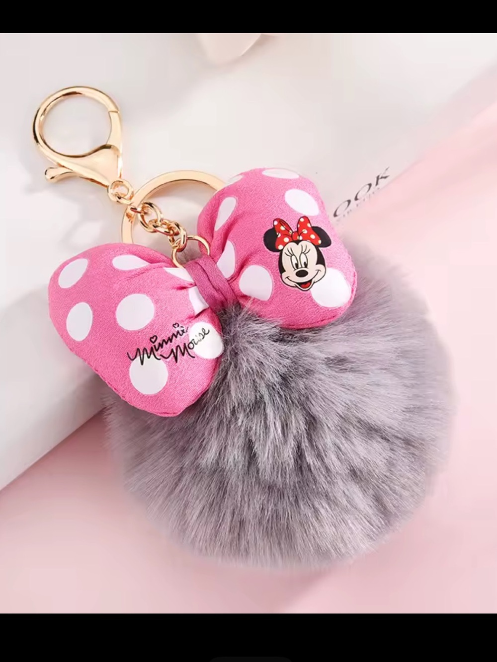 Polka Dot Bow Pom Keychain with Grey Fur Pom